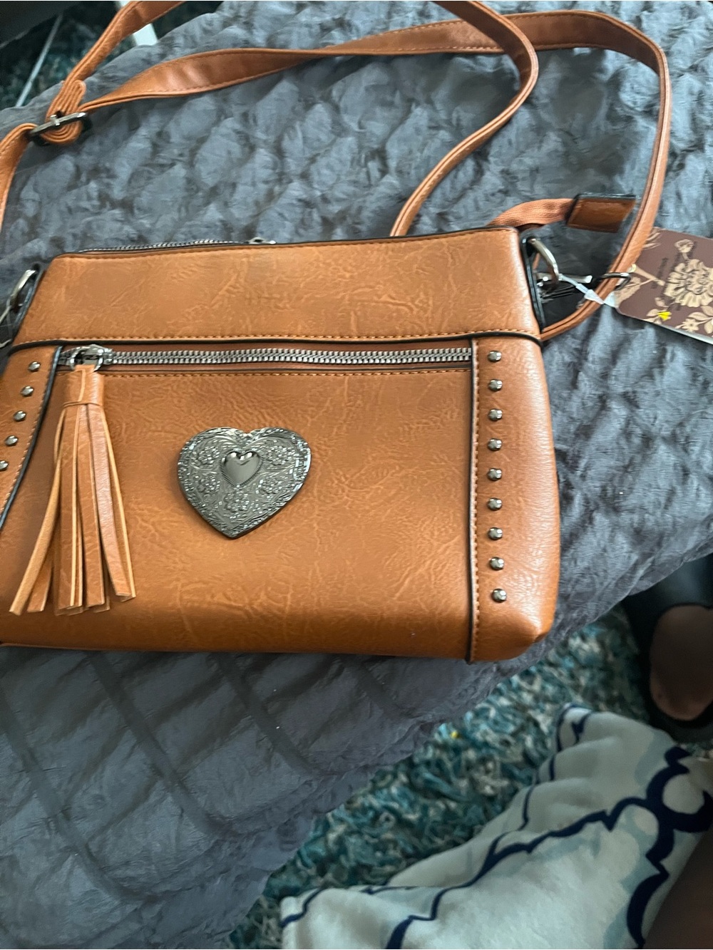 Tan Heart Accent Shoulder Crossbody with Tassel